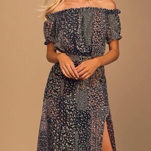 Lulus Neva navy blue floral print off the shoulder maxi dress- NWT